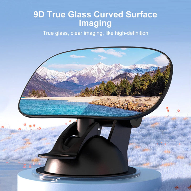 Car mirror with 9D True Glass Curved Surface Imaging technology displaying a scenic view of mountains and water.