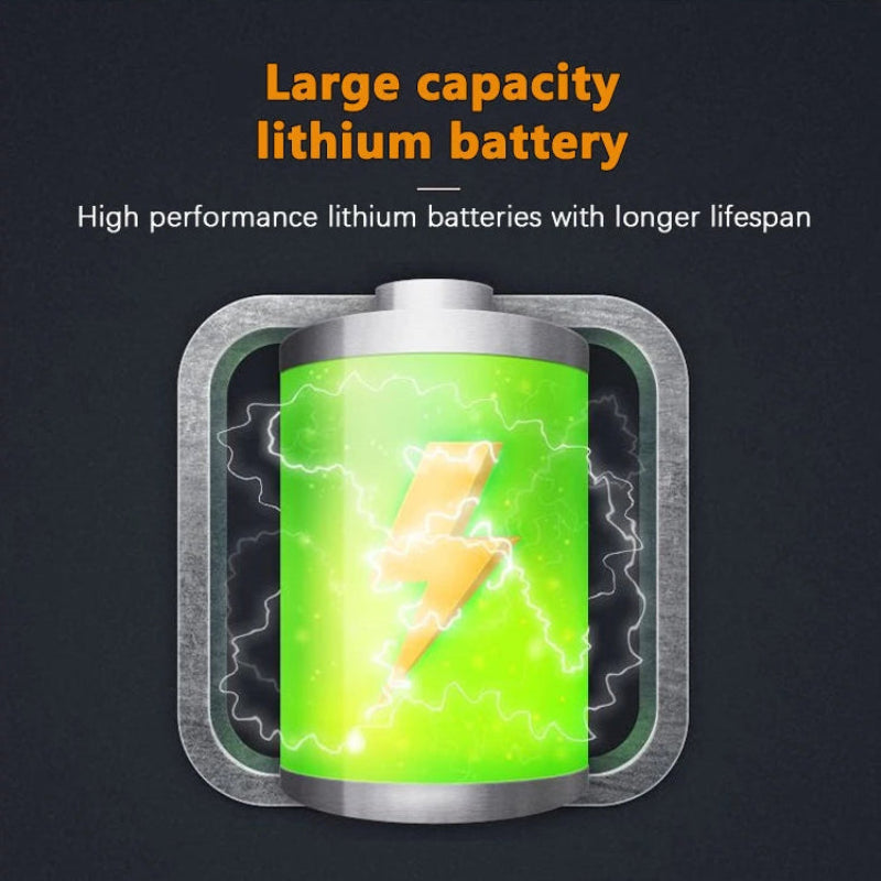 Illustration of a large capacity lithium battery with a lightning bolt symbol on a dark background.