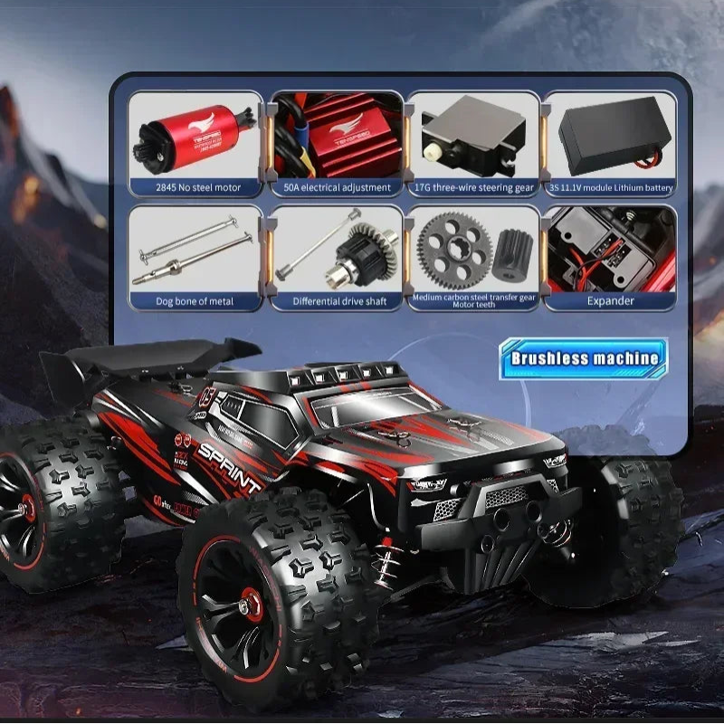 Model of a remote control car with component parts displayed on a screen against a space-themed background.