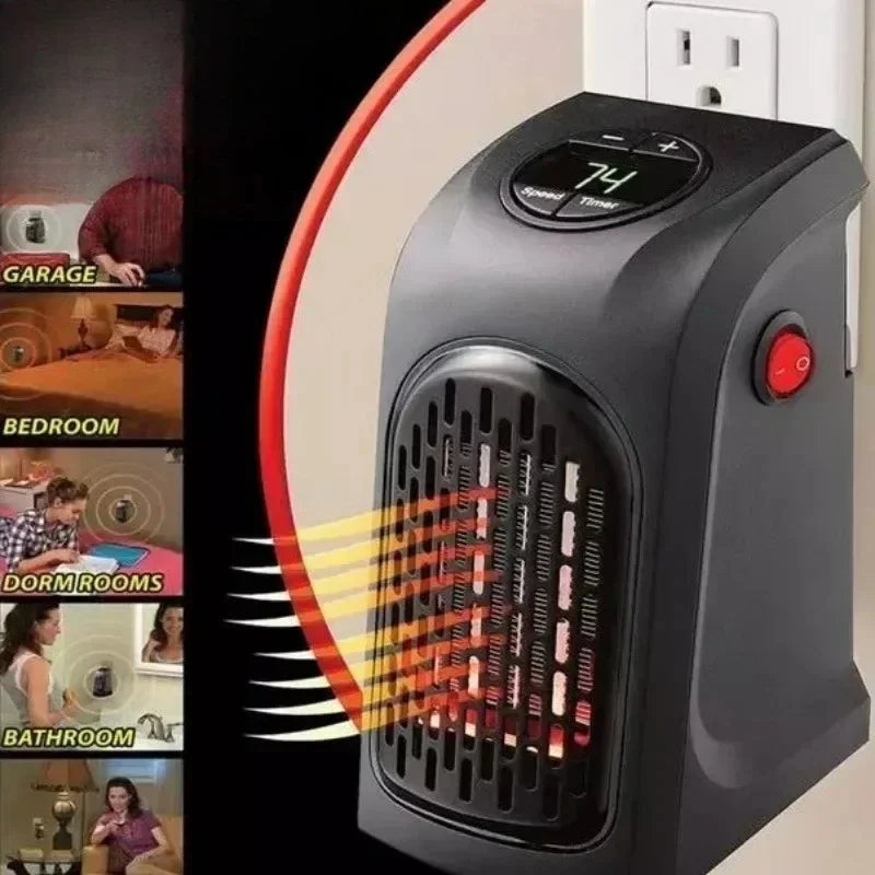 A black electric space heater plug shown plugged into a wall outlet, with a red power button, digital temperature display, and graphic heat rays emitted from the front. Small inset lifestyle photos on the left show usage in garage, bedroom, dorm room, and bathroom.