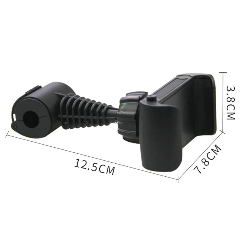 Black phone holder with measurement details on a white background