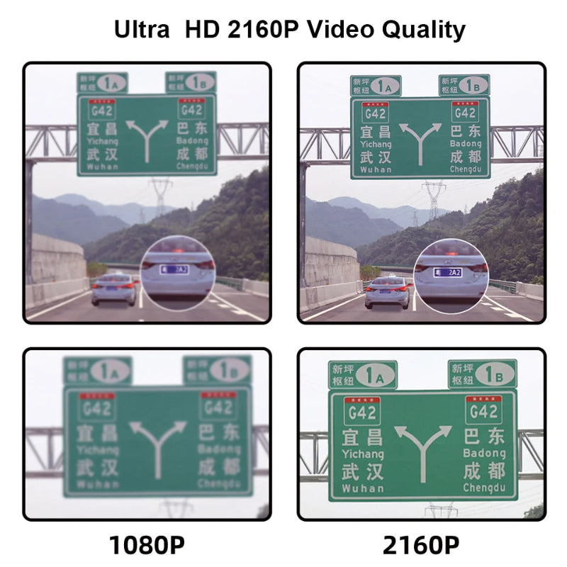 Comparison of Ultra HD 2160P and 1080P video quality on a highway scene with road signs.