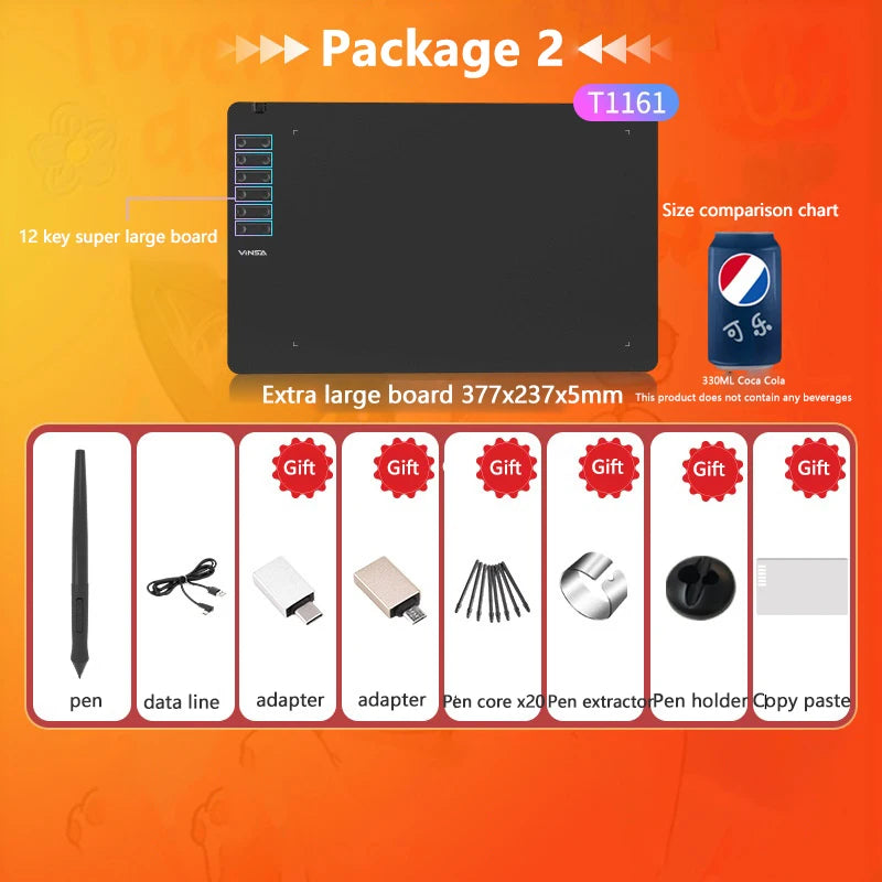 Product package with electronic board, pen, and accessories on an orange background