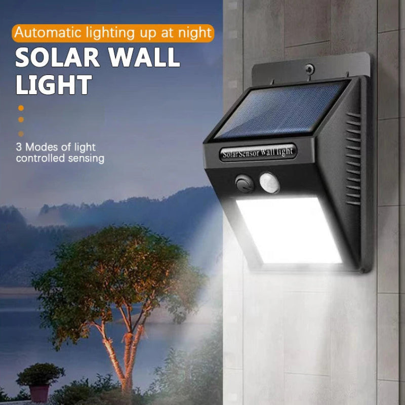 Solar wall light on a wall with scenic background