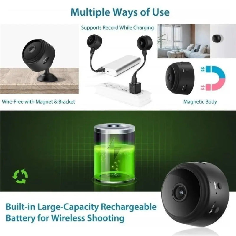 Product with multiple uses including charging, recording, and wireless shooting, featuring a green battery display.