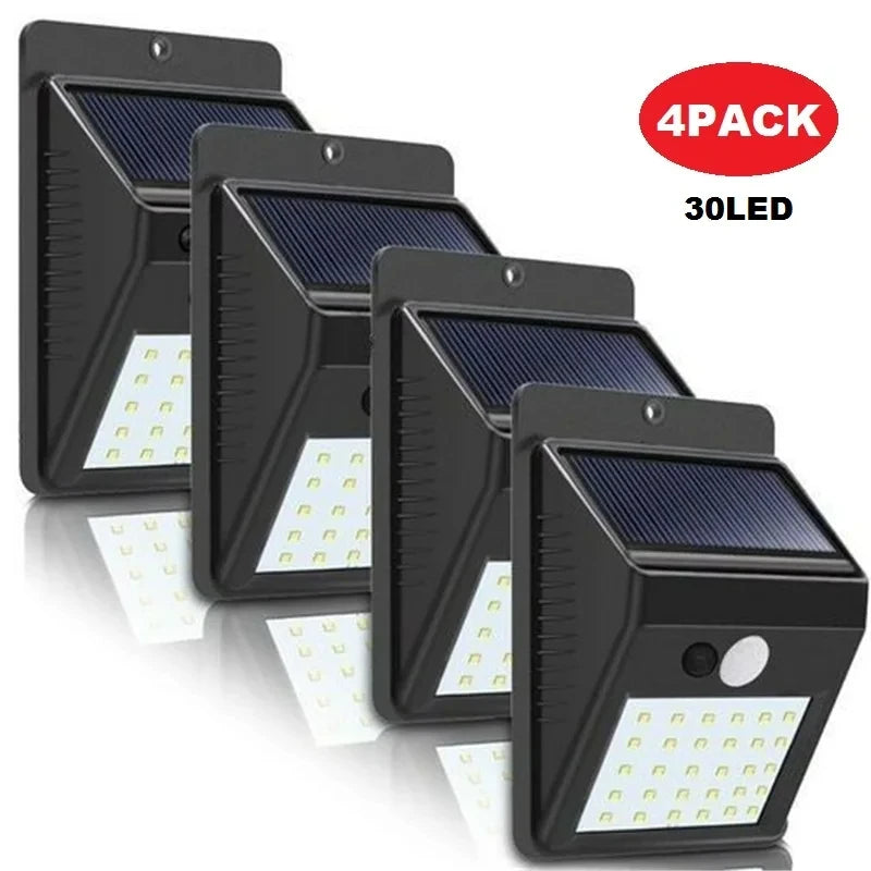 Four solar wall lights with a 30 LED label and '4 Pack' text on a white background.