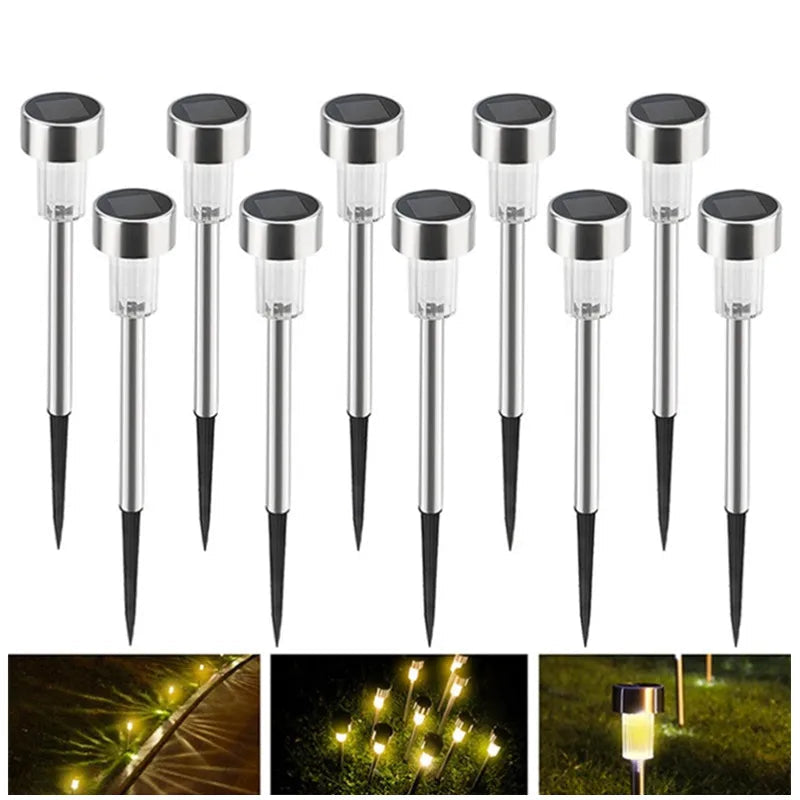 10-pack of solar-powered outdoor lights with images of lights on a pathway, lawn, and water.