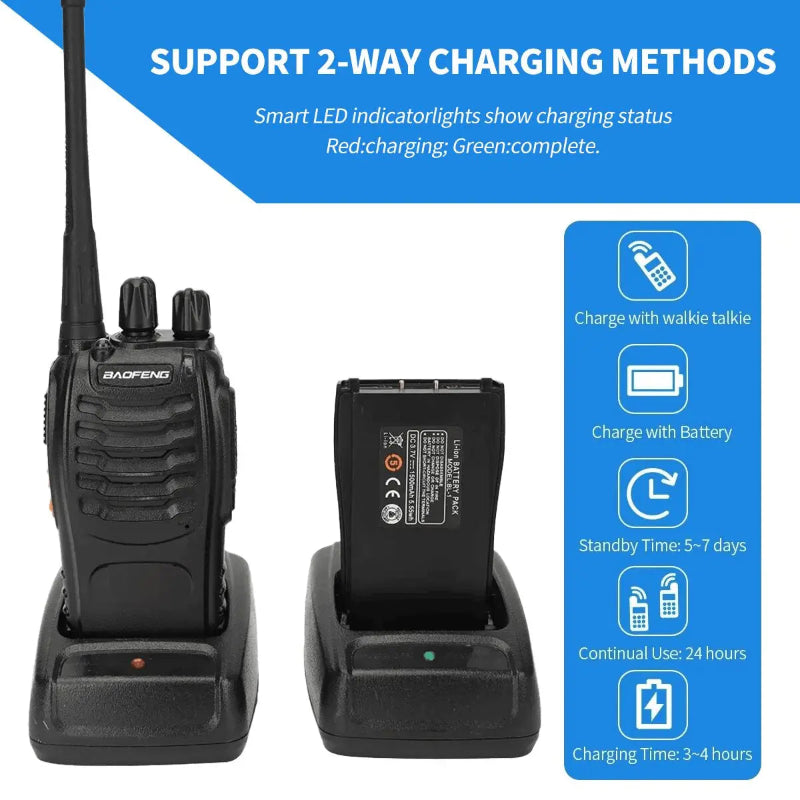 Black walkie talkie with charging station on a white background, featuring text about charging methods.