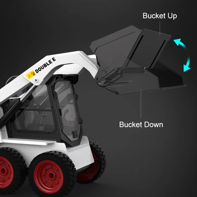 A white and black toy or model skid steer loader with red wheels, shown with a raised bucket and overlaid text reading 'Bucket Up' and 'Bucket Down' with blue arrows indicating movement. The arm is labeled 'DOUBLE E'.