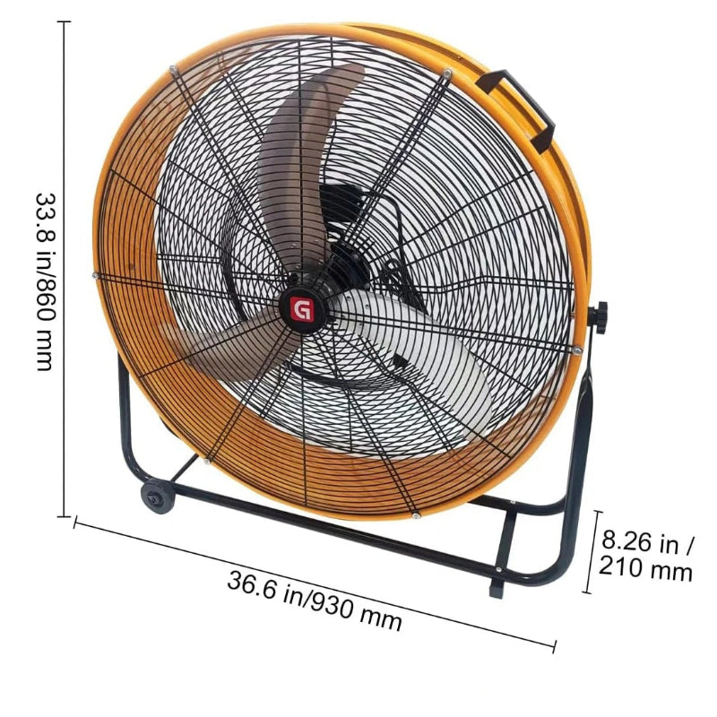 Industrial fan with dimensions and specifications on a white background