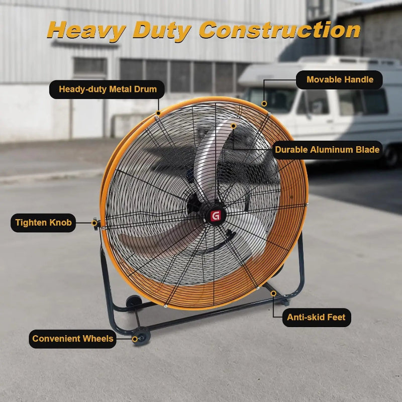 Heavy-duty construction fan with labeled features on a concrete surface.