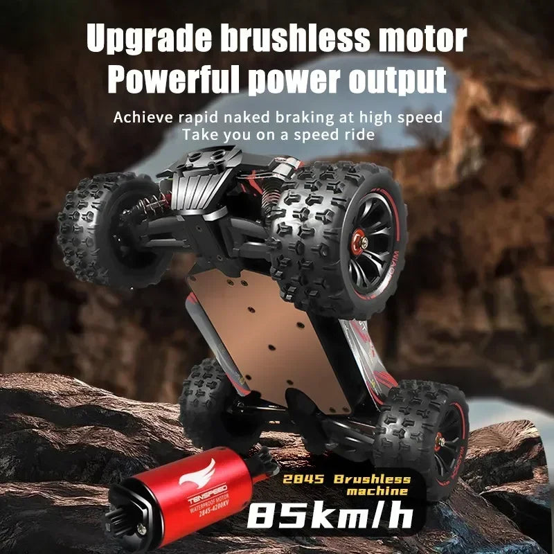 Toy off-road vehicle with brushless motor on a rocky surface, featuring text about power output and speed.