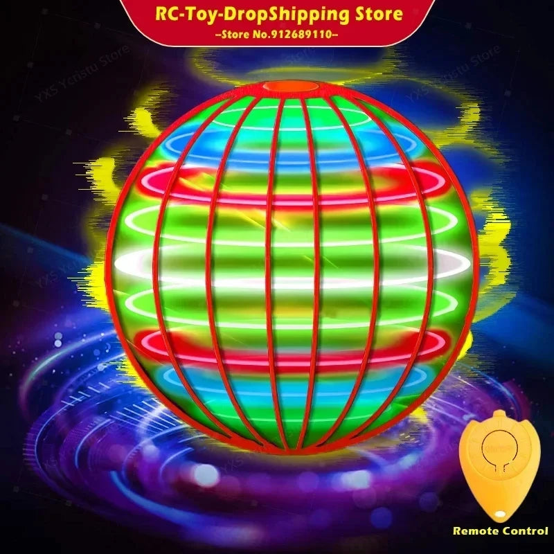Colorful glowing sphere with remote control on a dark background