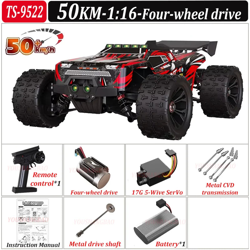 Red and black remote control four-wheel drive vehicle with specifications on a white background