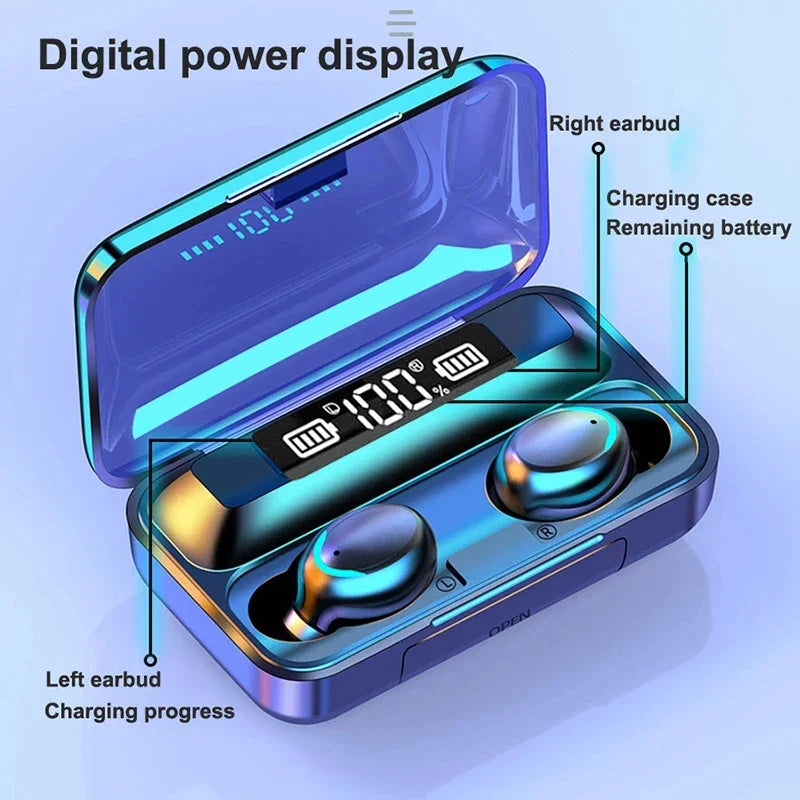 Wireless earbuds with charging case and digital power display on a light blue background