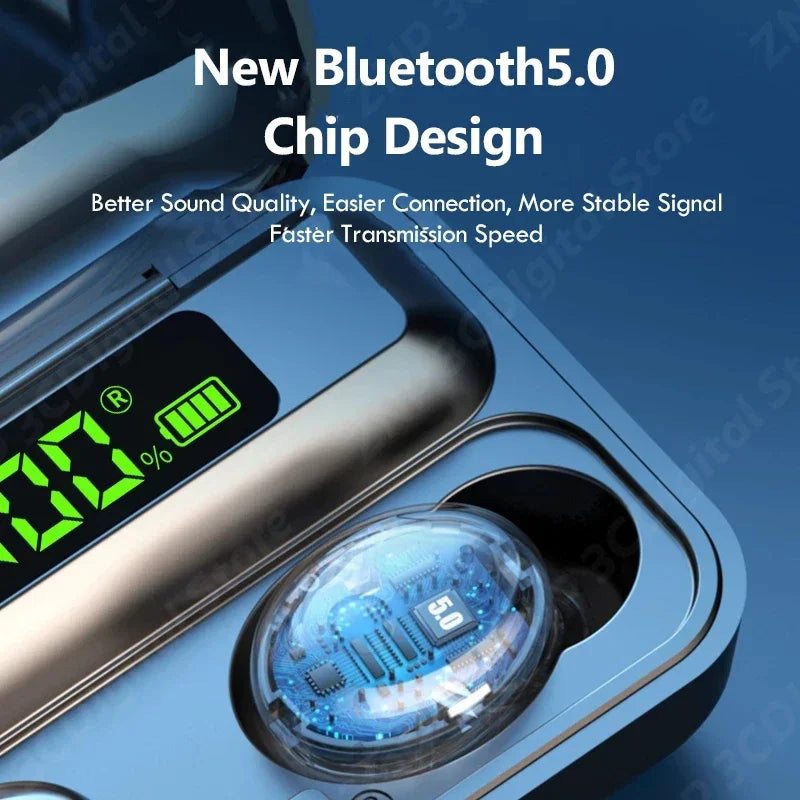 Close-up of wireless earbuds in charging case with Bluetooth 5.0 text on a blue background