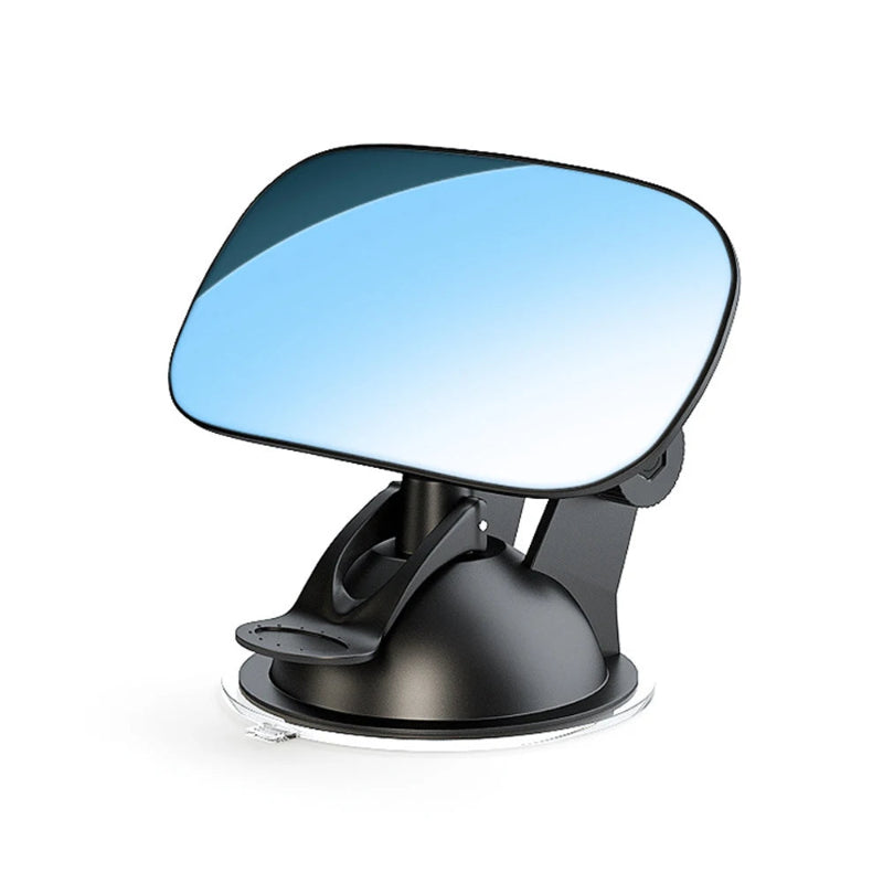 Car mirror with a black base and blue reflective surface on a white background
