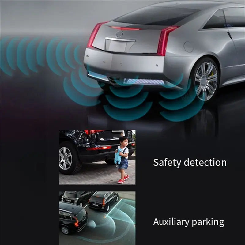 Car with safety detection and auxiliary parking features displayed on a dark background.