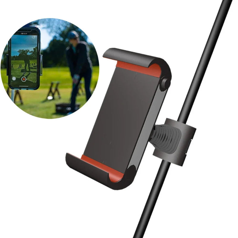 Phone holder attached to a golf club with a inset showing phone screen