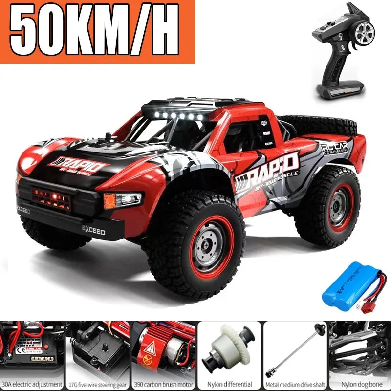 A composite image showing three remote control trucks in motion. One truck is blue with the word 'RAPID' on its side, another is red with 'RAPID' and LED lights, and a third is in the air showing the truck's suspension system.