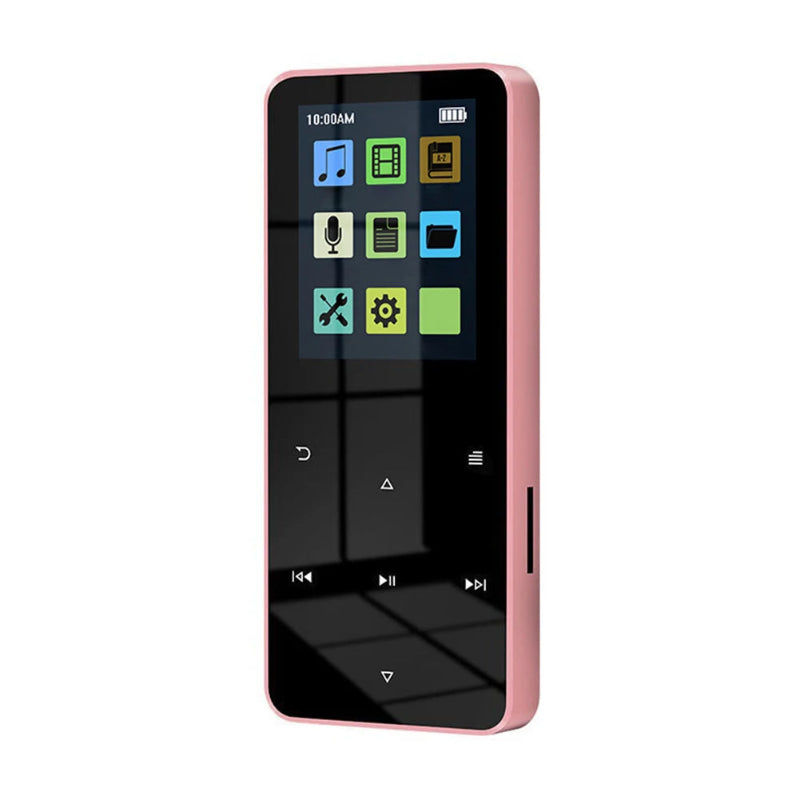 Pink digital device with a screen displaying icons on a white background