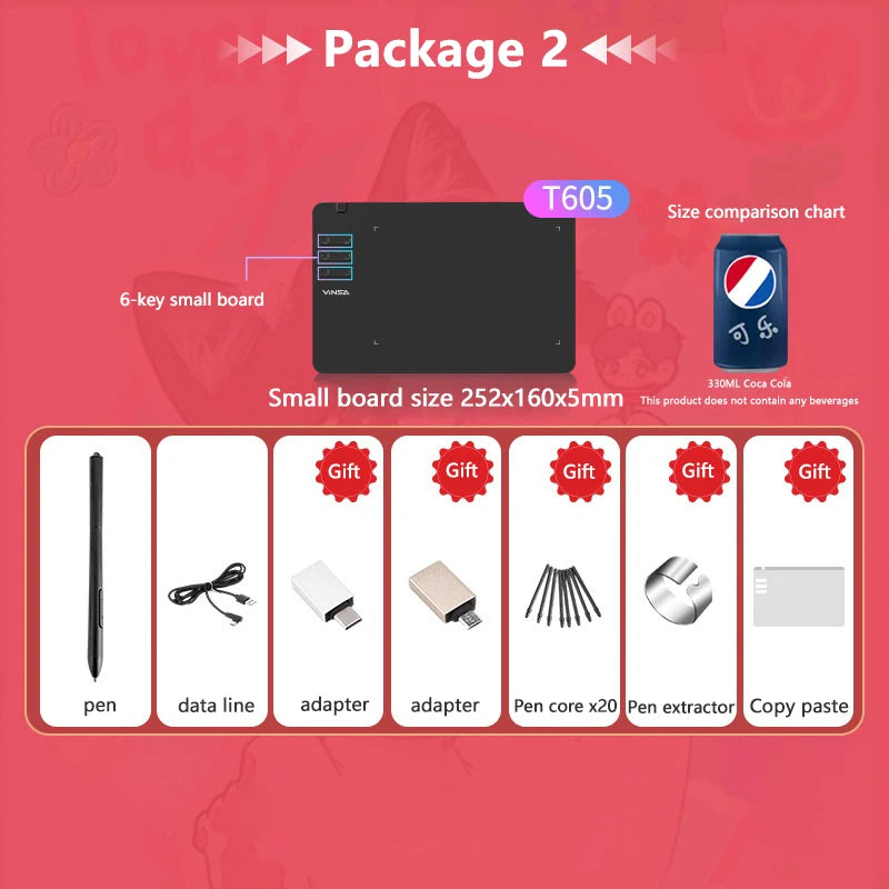 Product package 2 with T605 item, size comparison chart, and list of included items on a red background.