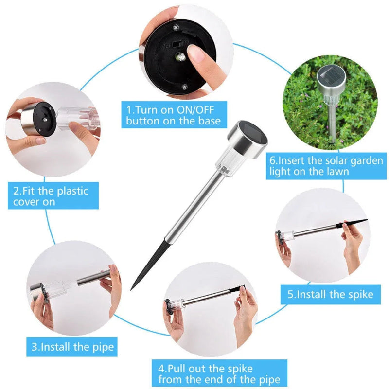 Set of solar-powered garden lights with additional usage examples on a white background.