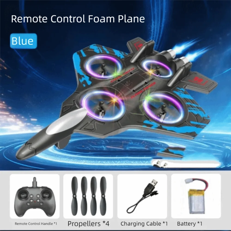 Remote control foam plane with accessories on a blue and black background