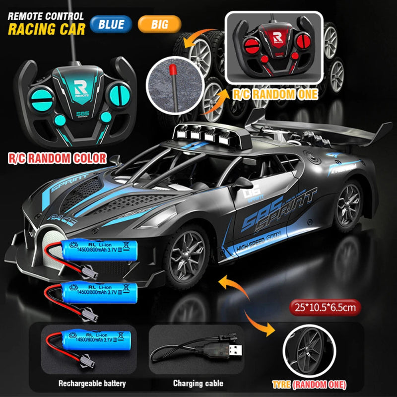 Remote control racing car with accessories on a black background