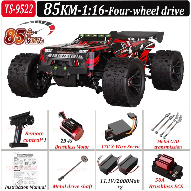 Red and black remote control car with specifications on a white background