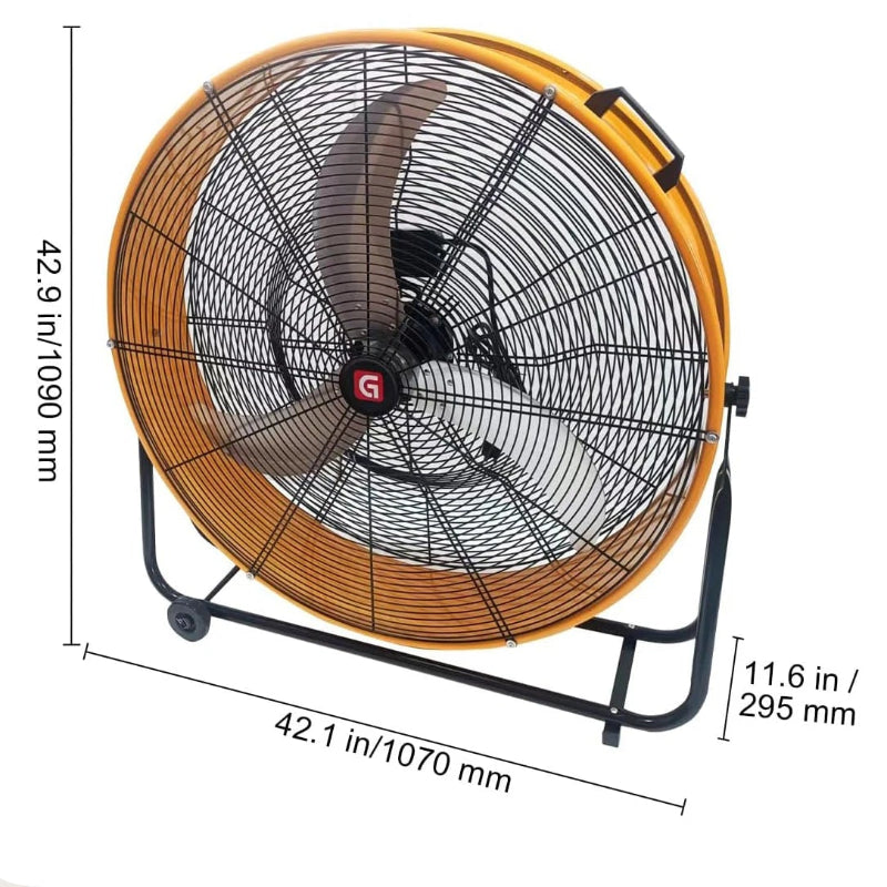 Industrial fan with dimensions and specifications on a white background