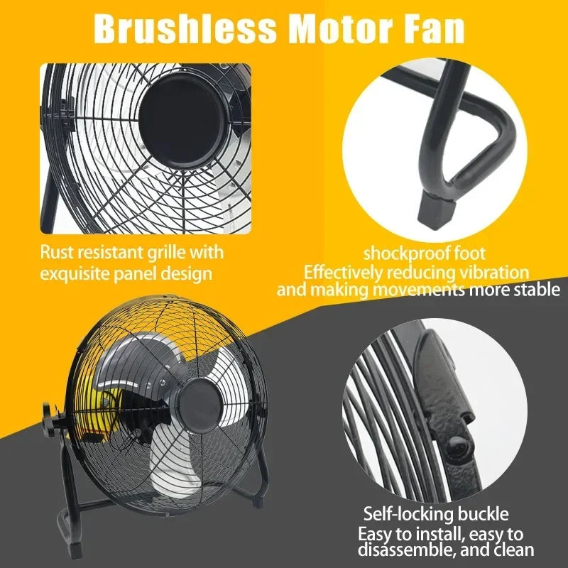 Brushless motor fan with features highlighted on a yellow and gray background