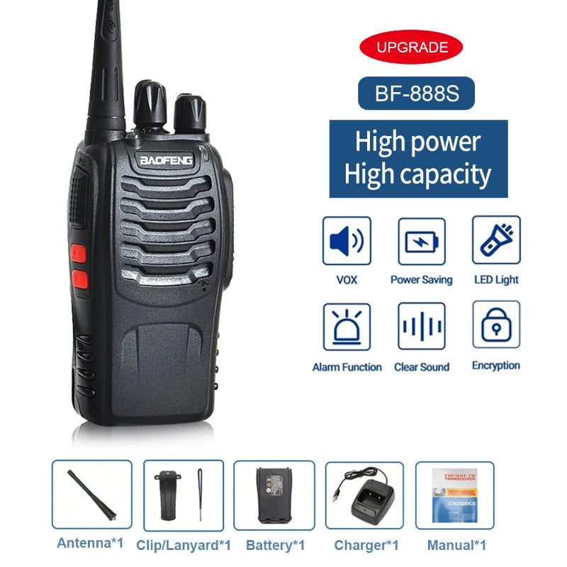 Baofeng BF-888S walkie talkie with features listed on a white background