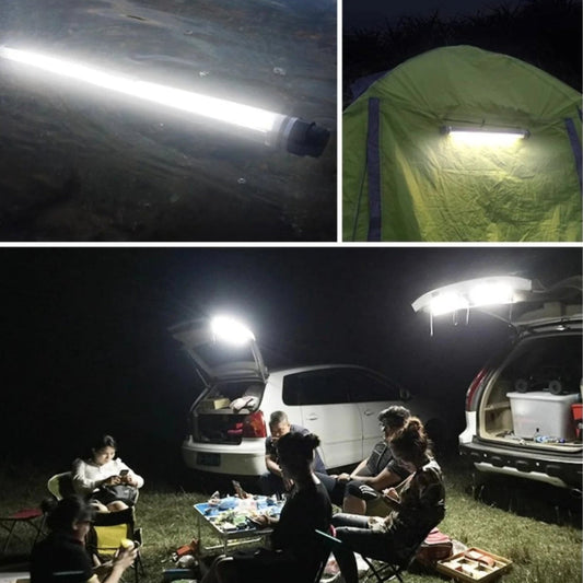 Collage of LED strip lights in use, including on a car, inside a tent, and at a campsite with people sitting around a table.