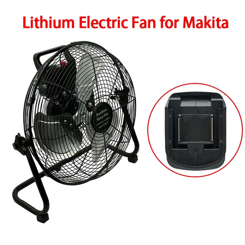 Lithium electric fan for Makita with a close-up of the base on a white background.