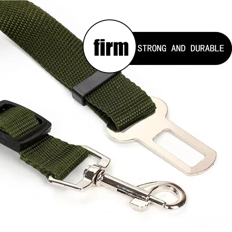 Green car seat belt with metal buckle and clip on a white background, featuring the word 'firm'.