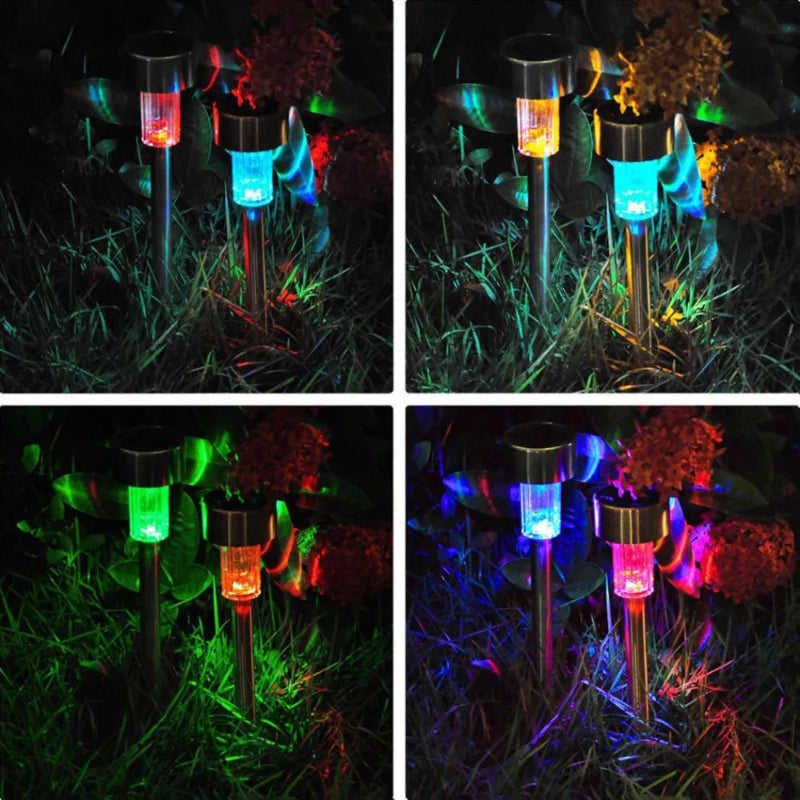 Set of solar-powered garden lights with additional usage examples on a white background.