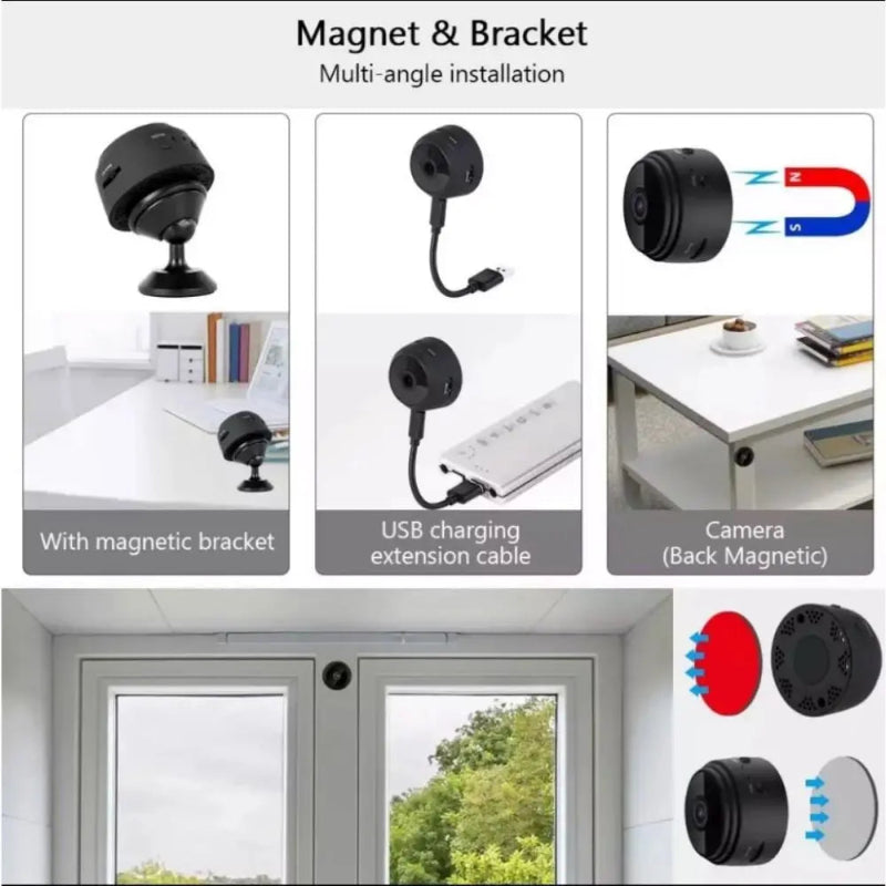 Product display of a camera with magnetic bracket, USB charging extension cable, and back magnetic design.