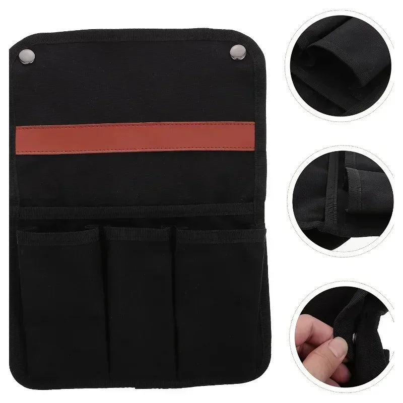 Black car organizer with a red strip and close-up details on a white background