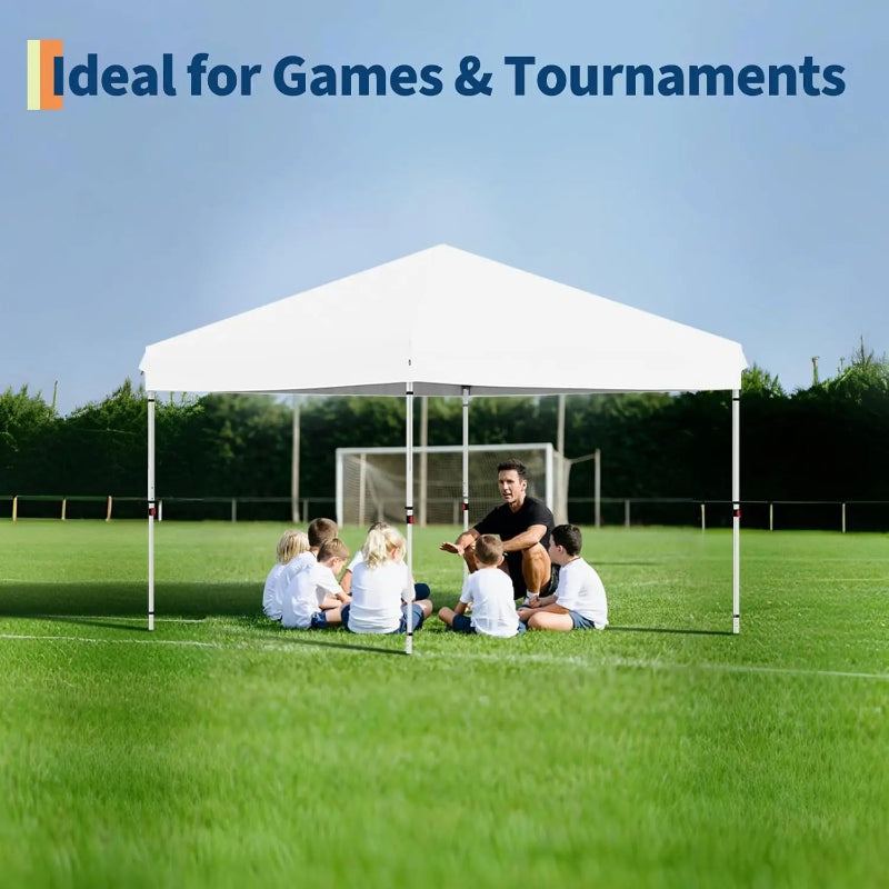 People sitting under a white canopy on a grassy field with 'Ideal for Games & Tournaments' text.
