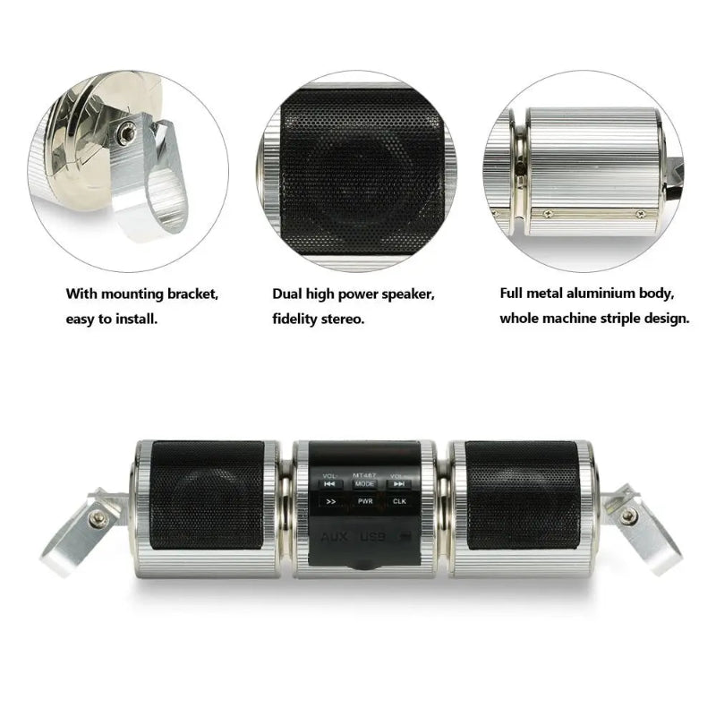 Speaker system with mounting bracket, dual high power speakers, and metal body on a white background.