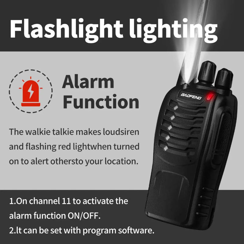 Black walkie talkie with flashlight and alarm function on a gray background