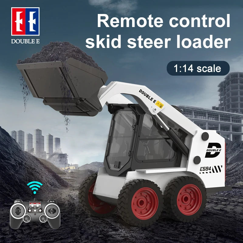 White and red DOUBLE E remote control skid steer loader toy with a large bucket filled with dirt, shown in a construction site setting with text reading 'Remote control skid steer loader' and '1:14 scale'. A small remote control graphic appears in the lower left corner.