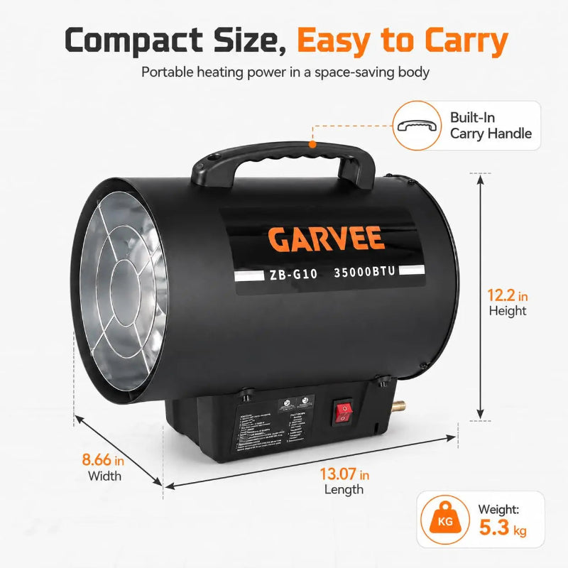 Black portable gas heater by GARVEE with dimension annotations showing 13.07 in length, 12.