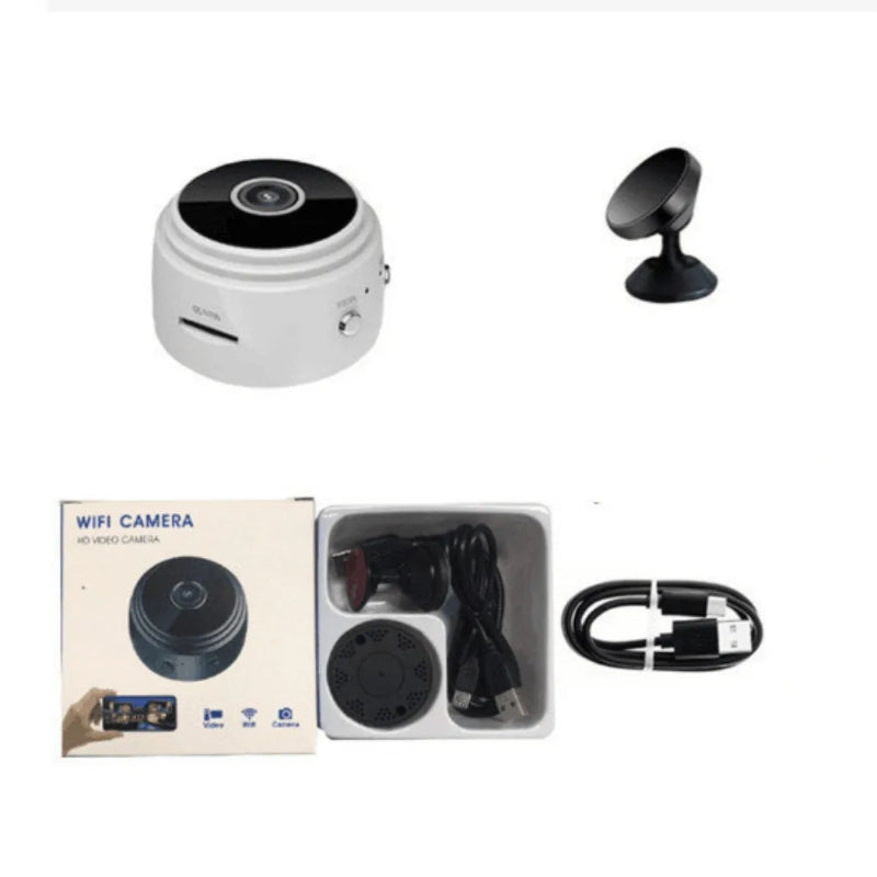 WiFi camera with packaging, cable, and additional accessories on a white background