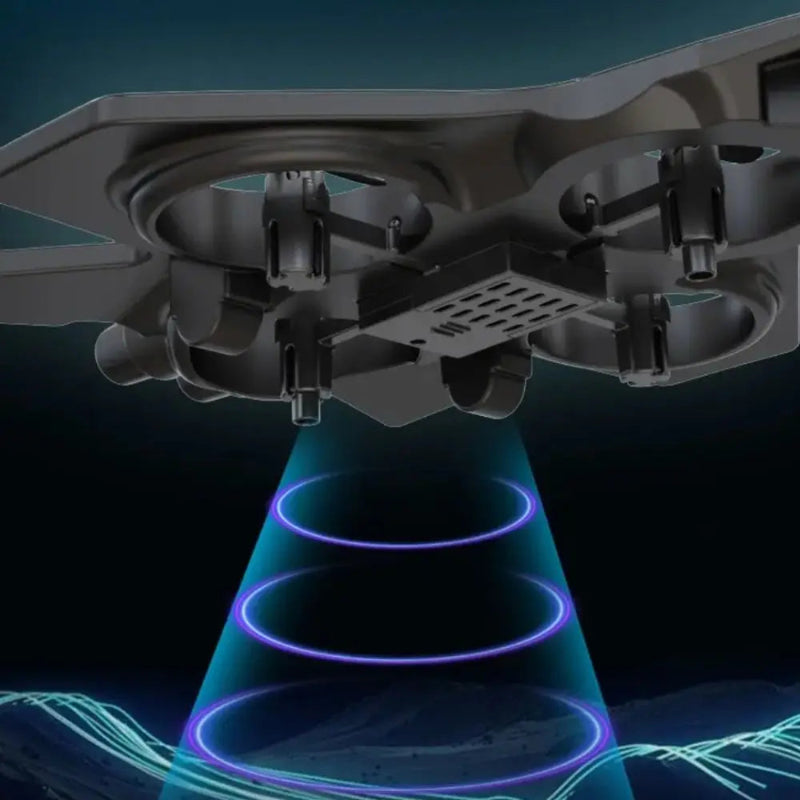 Drones with a blue light cone on a dark background