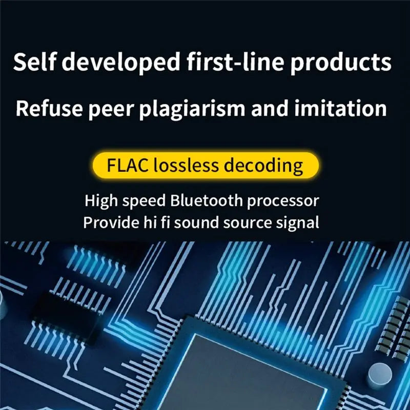 Technical product advertisement with circuit board design and text about FLAC lossless decoding and high-speed Bluetooth processor.