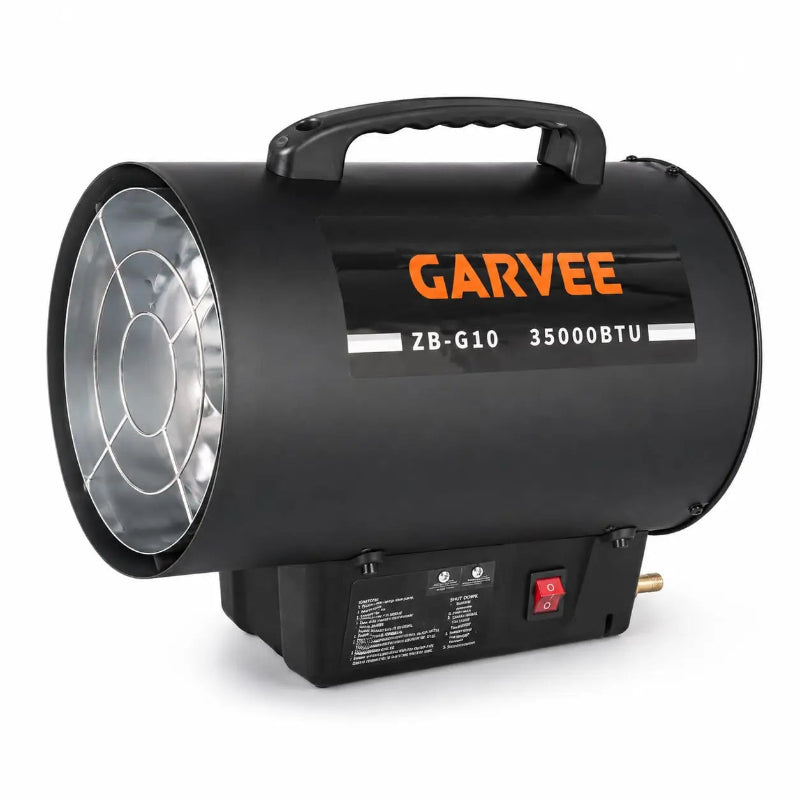 A black Garvee ZB-G10 35000BTU portable gas heater with a carrying handle, shown on a white background.