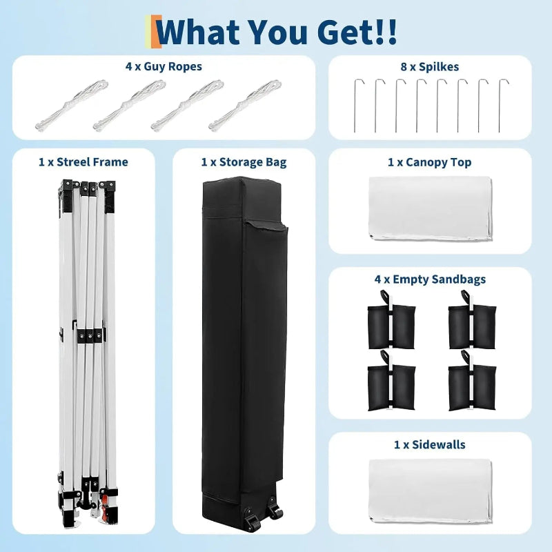 List of items included in a canopy kit with street frame, storage bag, canopy top, sandbags, and sidewalls.