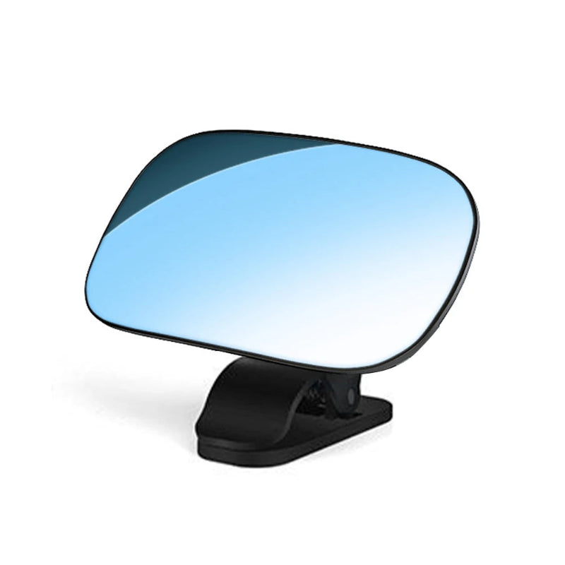 Car side mirror with blue reflective surface on a white background